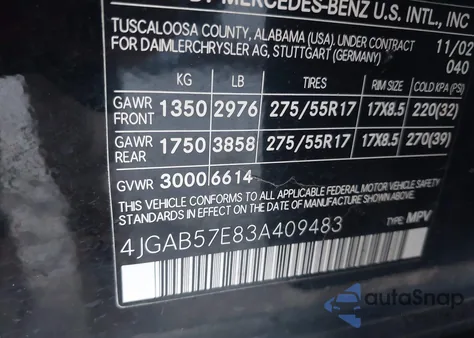 2003 Mercedes-Benz Ml 350 из США, поврежденный, VIN 4JGAB57E83A409483